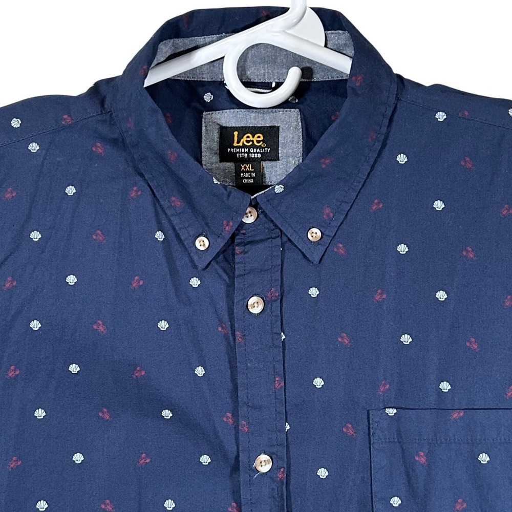 Lee Mens XXL Navy Blue Shell Lobster Short Sleeve Button Down Shirt Hawaiian